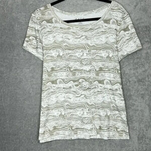 Bay Studio Womens Top Medium Brown Striped Short Sleeve Round Neck Knit